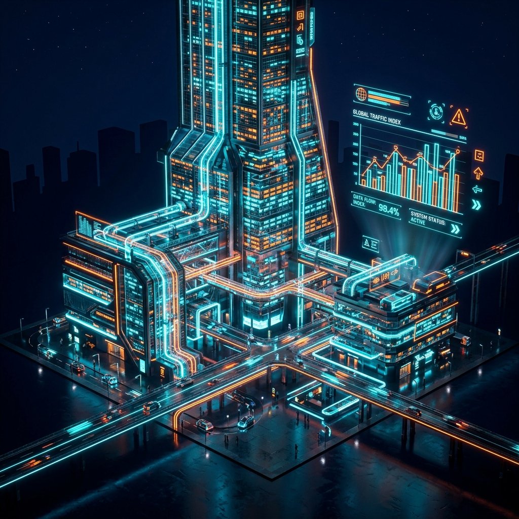 Upgradebi 3D Isometric Marketing Tech City and Real-time Traffic Infrastructure
